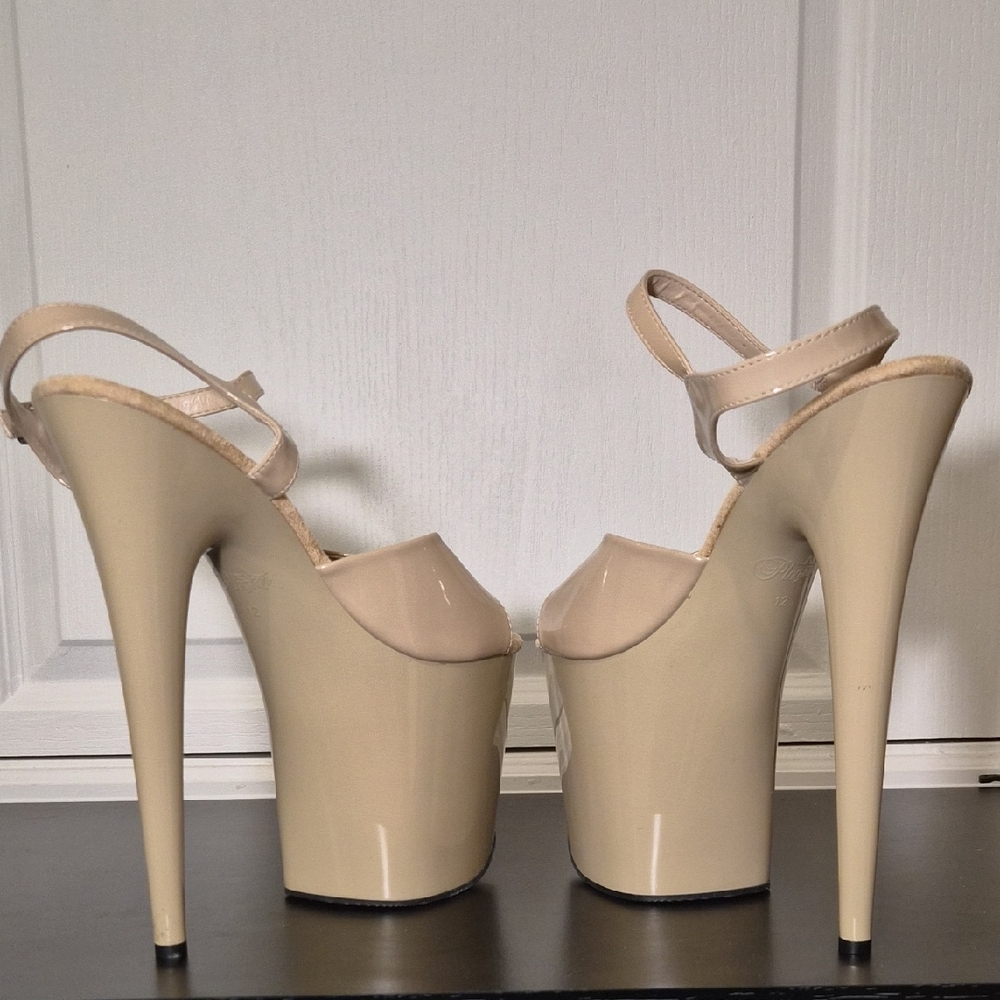 Pleaser Beige Patent Platform Sandals with Ankle Strap - Picture 10 of 11